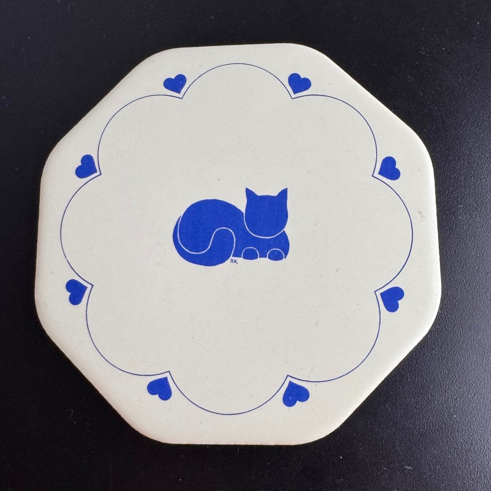 RK Ceramic Blue & White Tile Coaster Cat Lover Decor‎ Cottagecore 80s Vintage